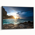 Black and white landscape art painting of Capri, Italy on framed canvas, ideal for bedroom wall decor.