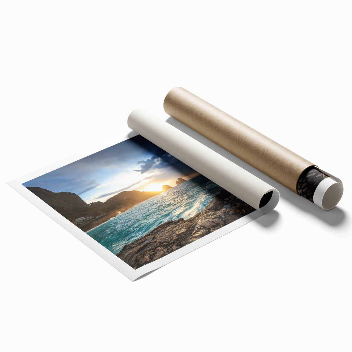 Rolled print of Capri, Italy, featuring vibrant floral foreground and serene blue sea, ideal for classy bathroom wall art.