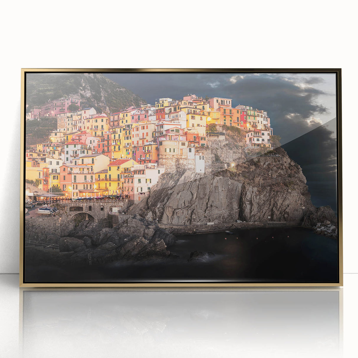 Framed acrylic print of Cinque Terre with vibrant seaside colors in art deco style, ideal for modern art wall decor.