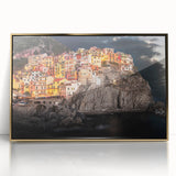 Framed acrylic print of Cinque Terre with vibrant seaside colors in art deco style, ideal for modern art wall decor.