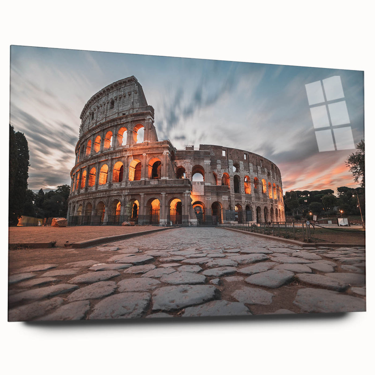 Acrylic print of the Colosseum in Rome with muted earth tones, ideal for bedroom or dining room art.