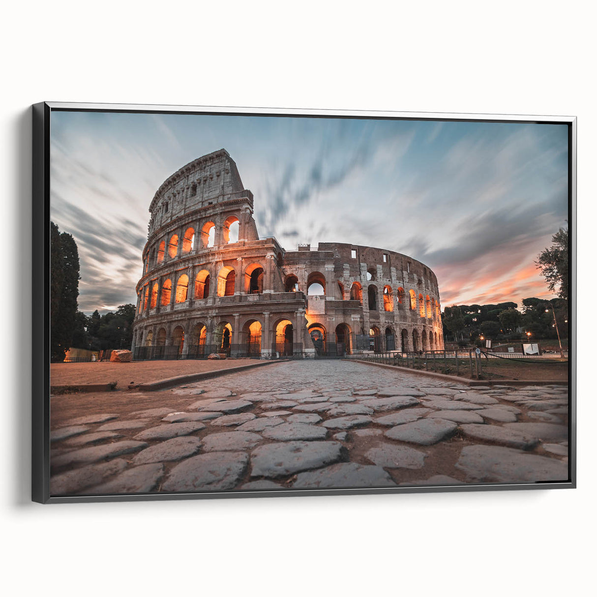 Framed canvas featuring a black and white vintage poster art of the Colosseum in Italy, ideal for bedroom wall decor.