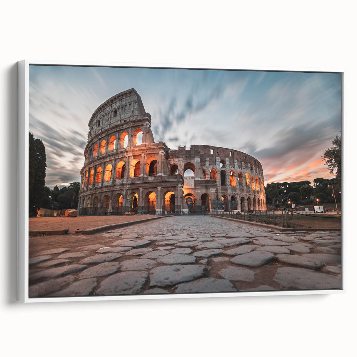 Vintage poster art of the Colosseum in vibrant colors on a large framed canvas, ideal for living room decor.