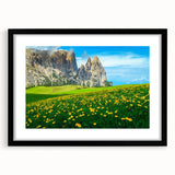 Extra large framed wall art depicting an abstract colorful art print of the Dolomites, in muted earth tones.