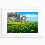 Textured art of the Dolomites in muted earth tones on a framed white mat, suitable for bedroom decor.