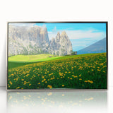 Framed acrylic print of the Dolomites in Italy, featuring mid-century modernist style with muted earth tones.