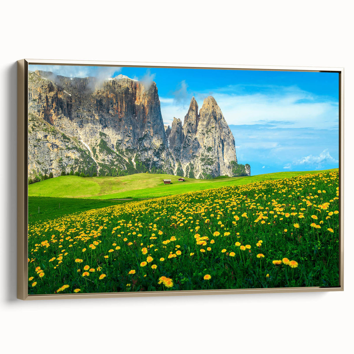 Framed canvas of the Dolomites in Italy, depicting a landscape in muted earth tones, ideal for bedroom wall art.
