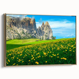 Framed canvas of the Dolomites in Italy, depicting a landscape in muted earth tones, ideal for bedroom wall art.
