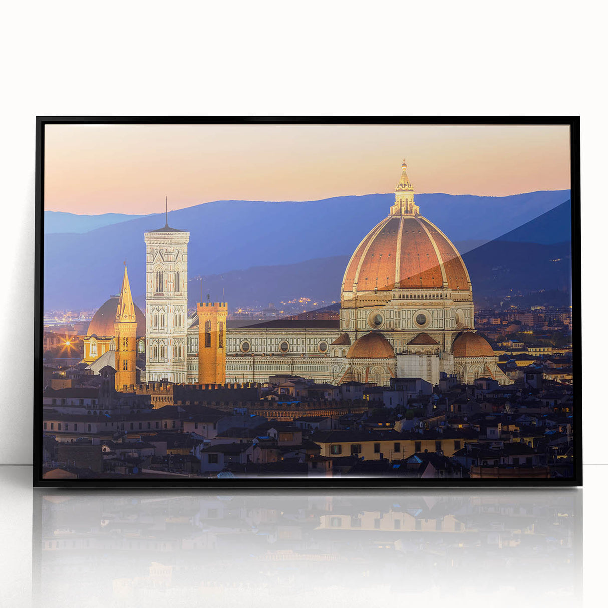 Framed acrylic print of Florence skyline in muted earth tones, ideal for modern art wall decor.