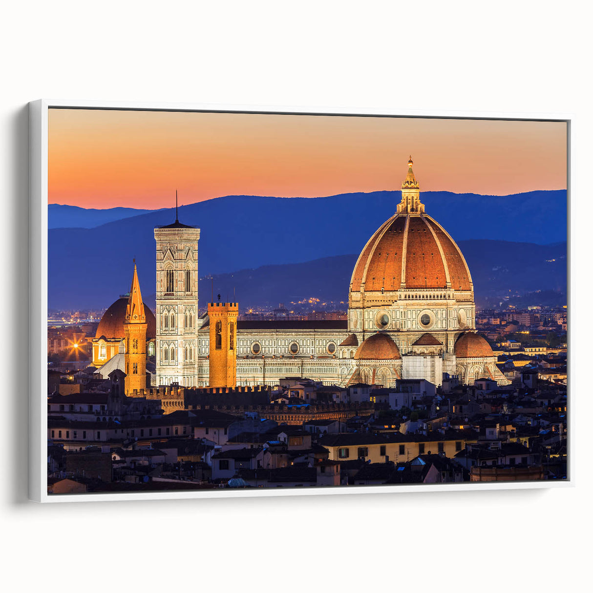 Vintage poster art of Florence with colorful accents on a framed canvas, suitable for extra-large living room wall.