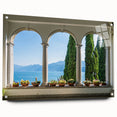 Acrylic glass print of Lake Como with vibrant blue and green hues, ideal for dining room art.