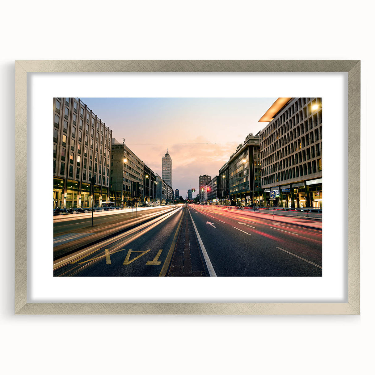 Extra large abstract art print of a textured Milan scenery in muted earth tones, framed in silver.