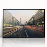 Large abstract wall art depicting Milan scenery in mid-century modernist style, framed in black acrylic.