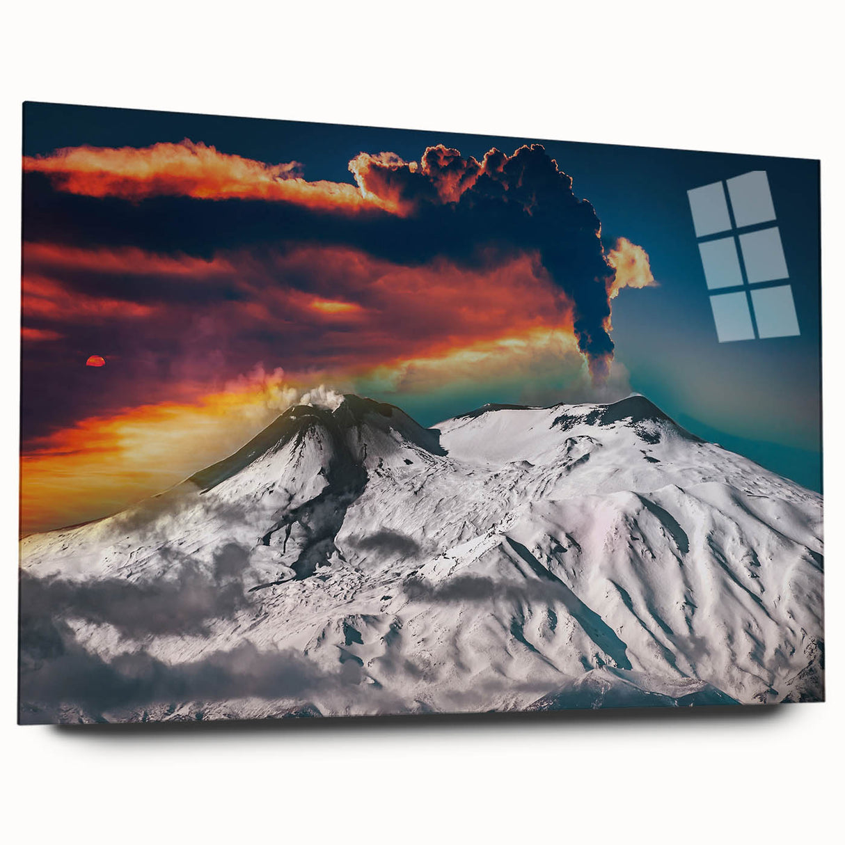 Large abstract depiction of Mount Etna in muted earth tones on acrylic glass, ideal for bedroom or dining room art.