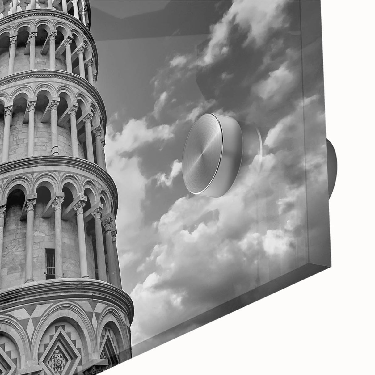 Acrylic print of the Leaning Tower of Pisa in muted earth tones, ideal for dining room art in a mid-century modernist style.