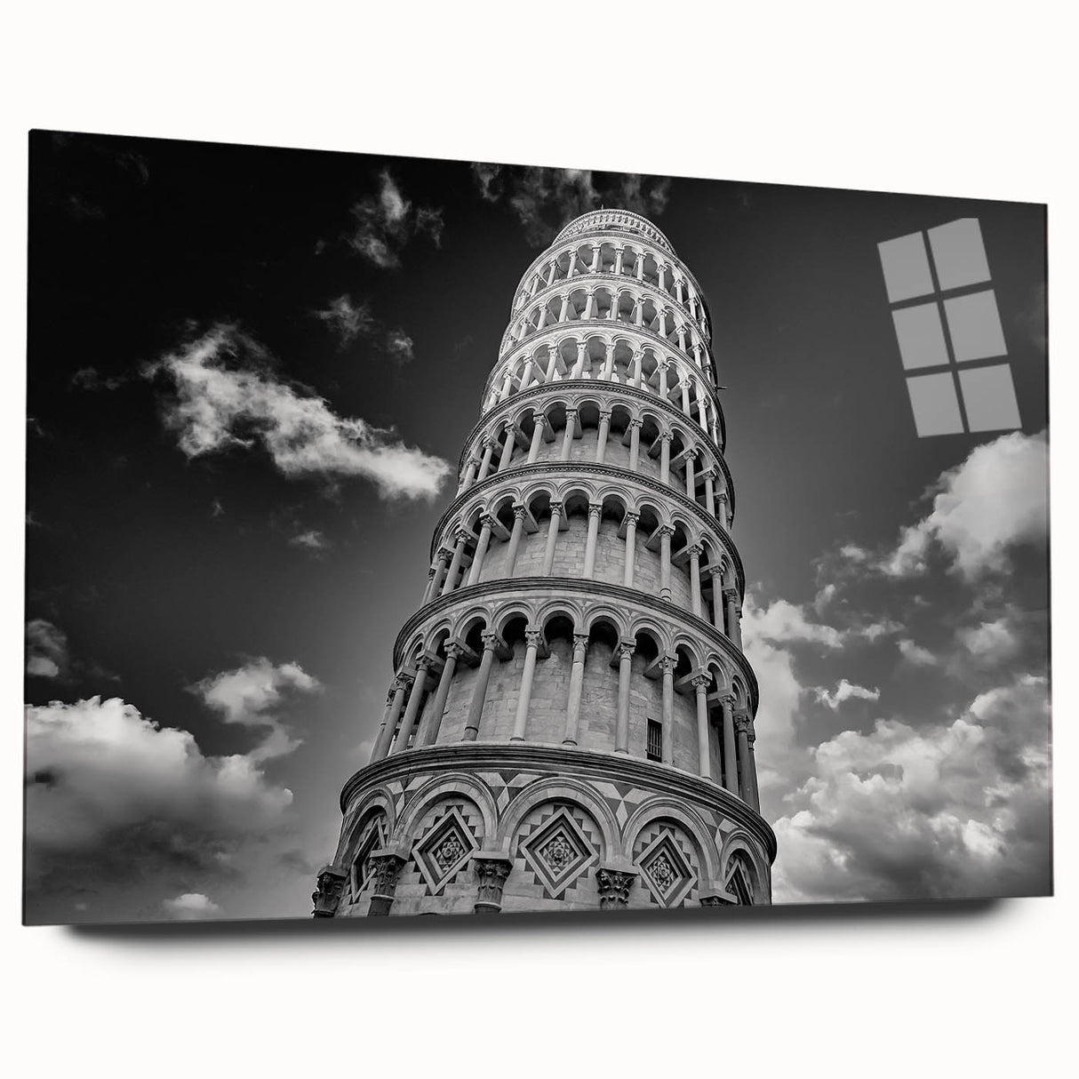 Acrylic print of the Leaning Tower of Pisa in sepia tones, suitable for bedroom or dining room decor.