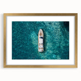 Abstract art print of Portofino, Italy in gold frame, featuring vibrant coastal colors, ideal for dining room decor.