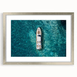 Extra large abstract art print of Portofino, Italy, in silver frame, featuring textured hues of blue and green.