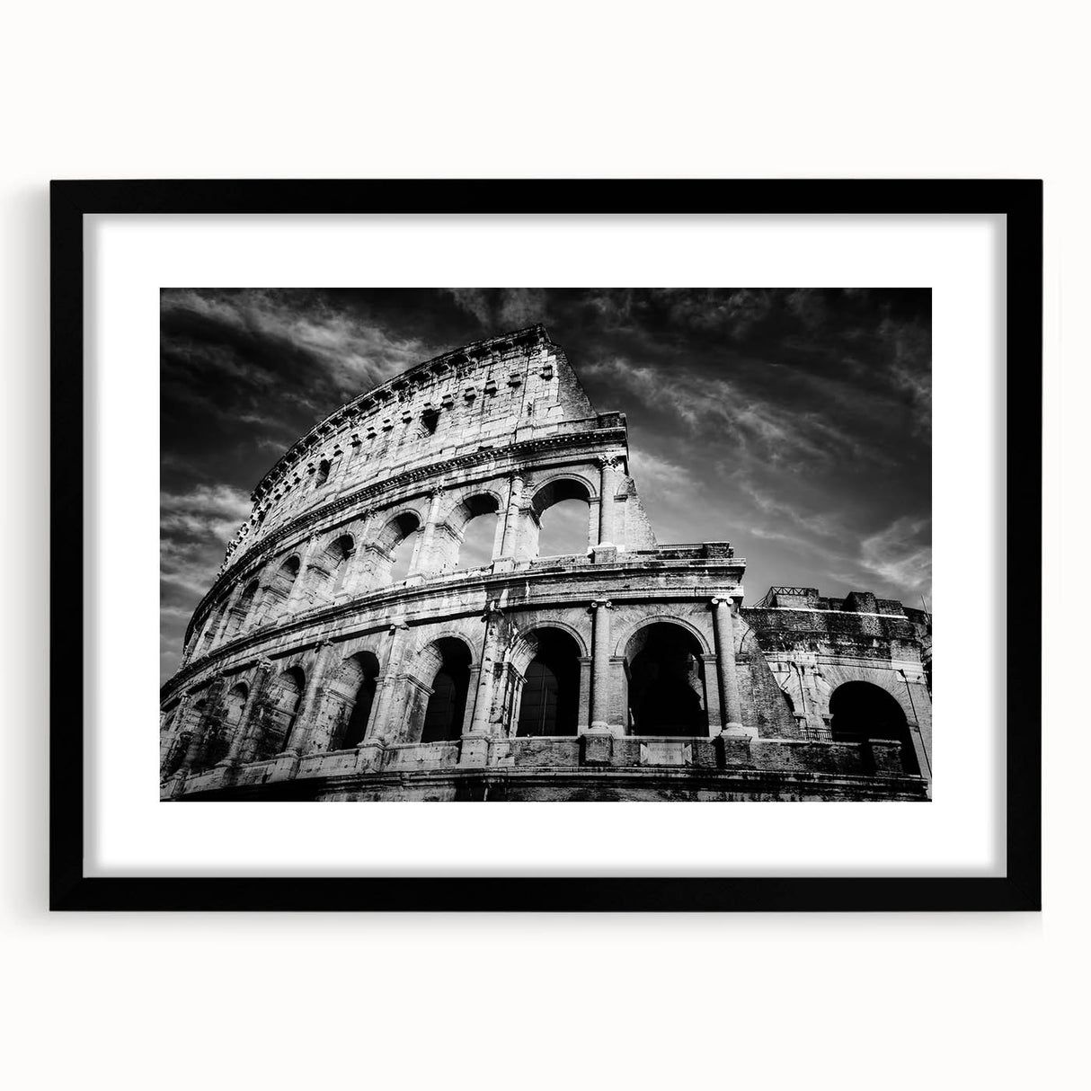 Extra large abstract art print of colorful Rome scenery on textured canvas, framed in black, ideal for living room decor.