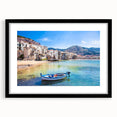 Extra large abstract art print of a colorful Sicilian landscape, textured finish on a black framed canvas.