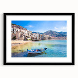 Extra large abstract art print of a colorful Sicilian landscape, textured finish on a black framed canvas.