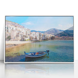 Mid-century modernist art of Sicilian landscape in acrylic, featuring soft pastel shades, ideal for nursery wall art.