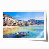 Rolled print of Sicilian landscape with vibrant floral elements, ideal for art wall dining room.