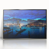 Framed acrylic print of Venice scenery with muted blue and silver tones, ideal for modern art wall decor.