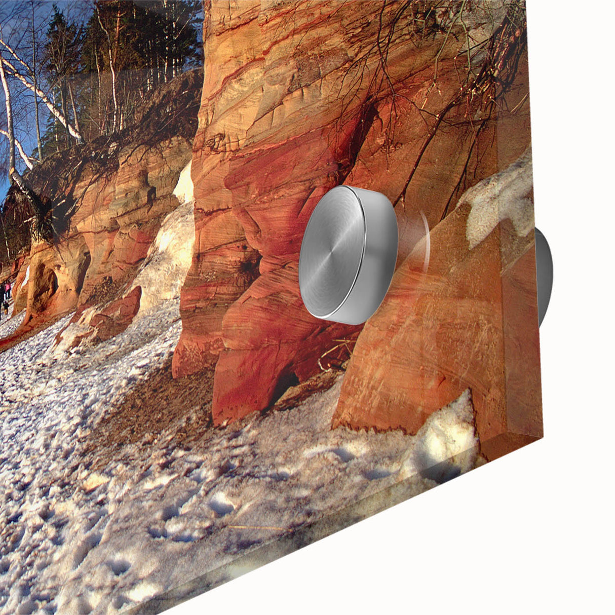 Large abstract wall art featuring a Latvian landscape in muted earth tones on acrylic glass, ideal for dining room ambiance.