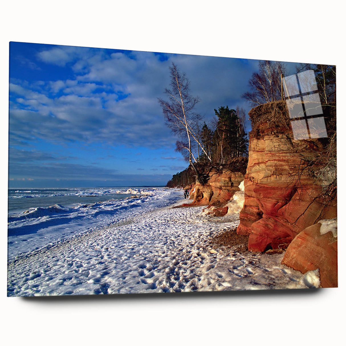 Large abstract wall art of a European scenery in soft blue and green tones on acrylic glass.