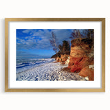Abstract art print of a European scenery in muted gold and green tones, framed with a gold mat, ideal for dining room decor.