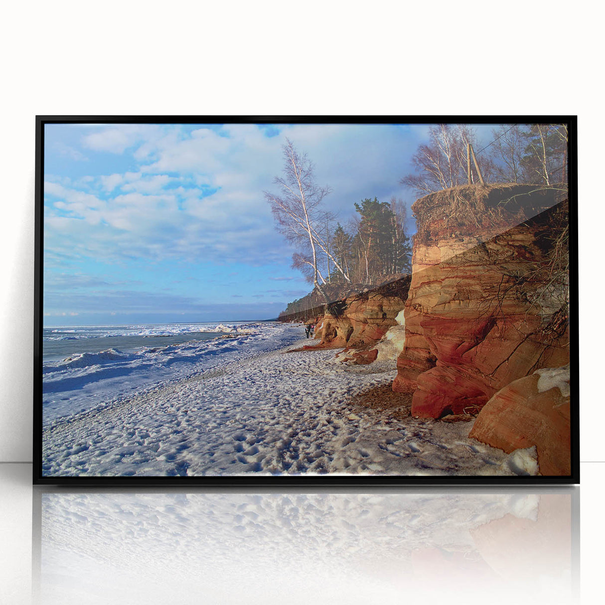 Large abstract wall art featuring a minimalist European landscape in black and white tones, framed in acrylic.