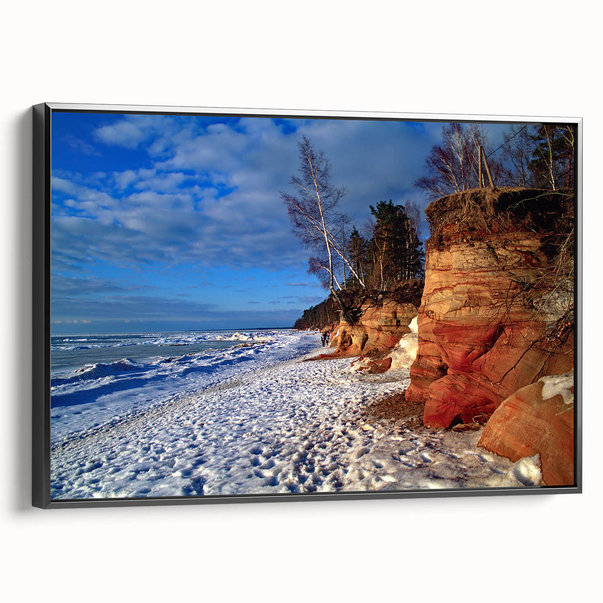 Black and white vintage poster art of a Latvian landscape on framed canvas, suitable for bedroom wall decor.