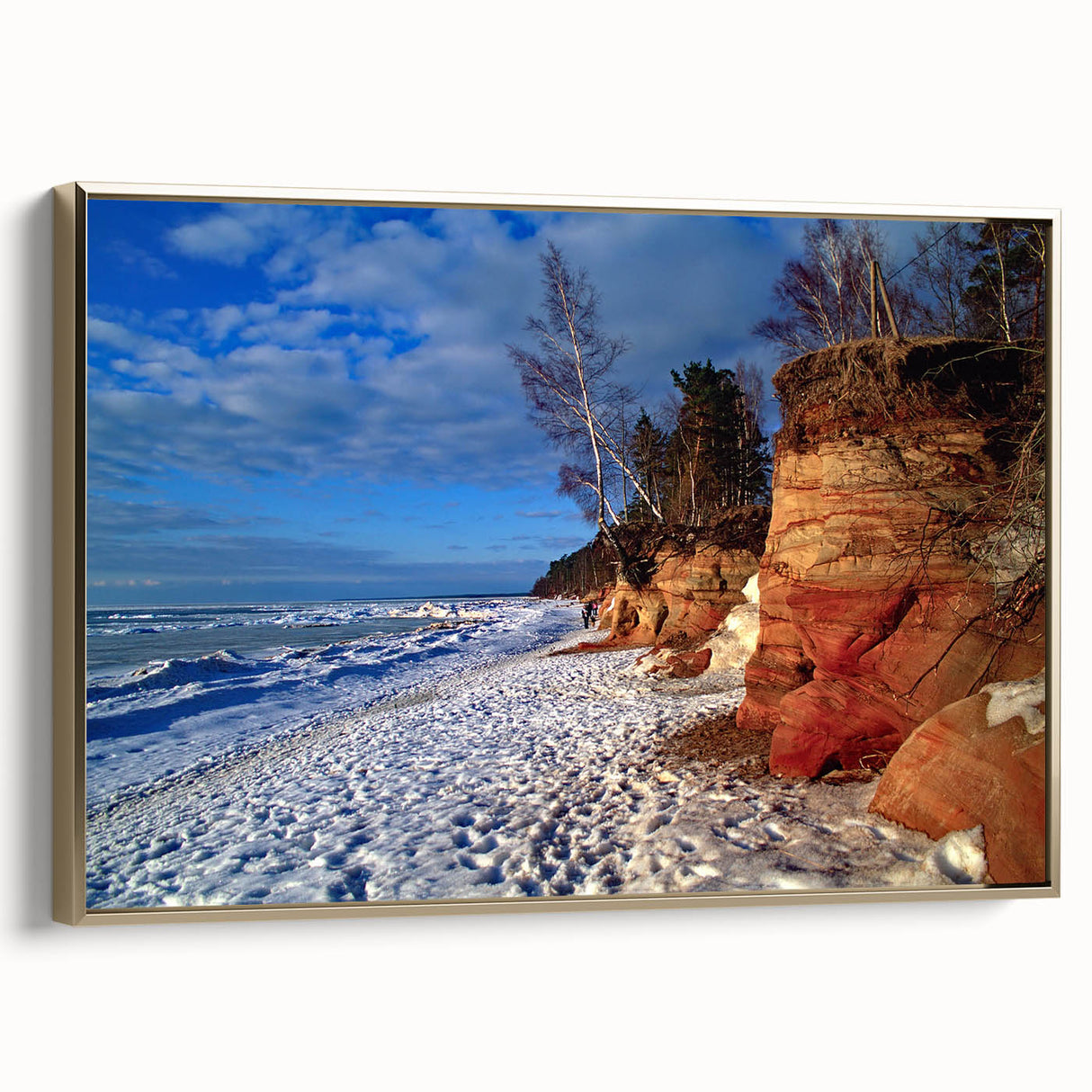 Framed canvas depicting a vintage-style landscape painting of a Latvian scene, featuring muted earth tones.