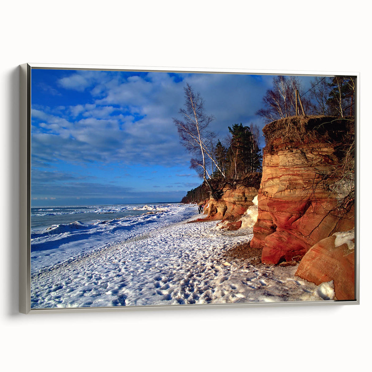 Framed canvas featuring a colorful vintage landscape of Latvia with silver frame, ideal for living room decor.