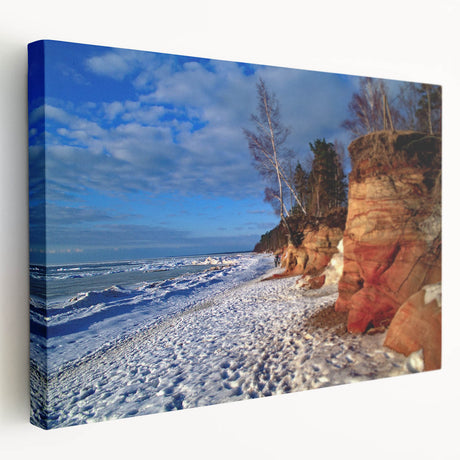 Side view of a stretched canvas depicting a European scenery in Latvia, with lush green tones, ideal for kitchen wall art.