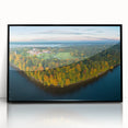 Large abstract wall art depicting a European Lithuanian landscape in muted earth tones, framed in black acrylic.