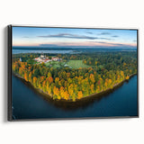 Framed canvas featuring a black and white vintage poster art of a Lithuanian landscape, ideal for bedroom wall decor.
