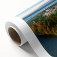Art Deco style poster of a Lithuanian landscape on rolled canvas, featuring pastel shades, ideal for nursery wall art.
