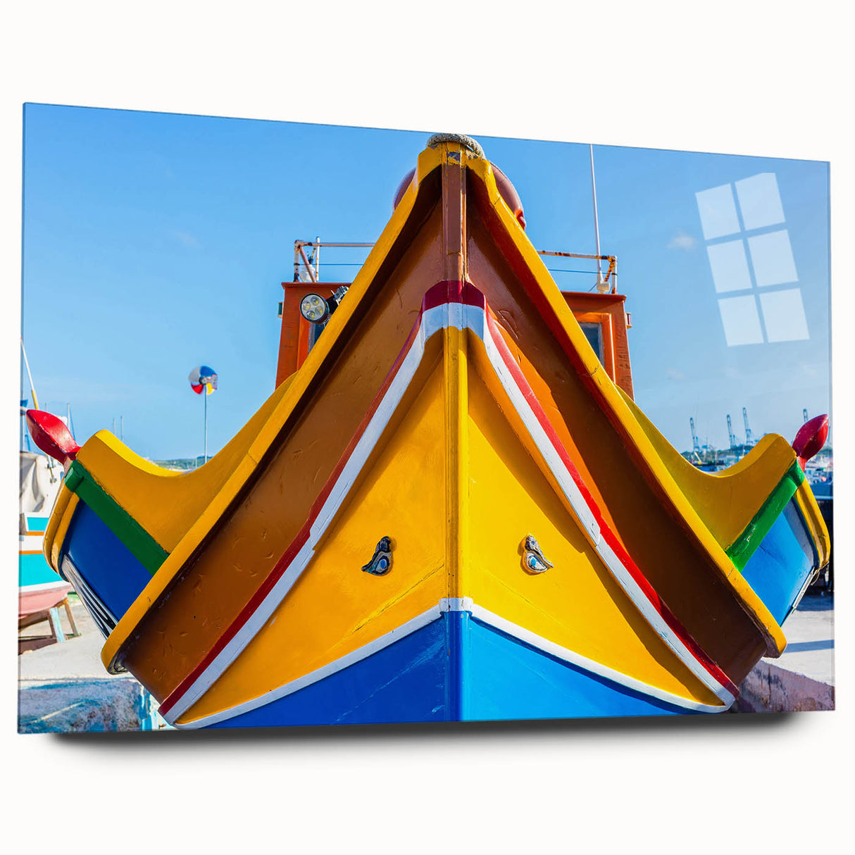 Large abstract wall art of a European Malta scenery in vibrant blue and orange tones on acrylic glass.
