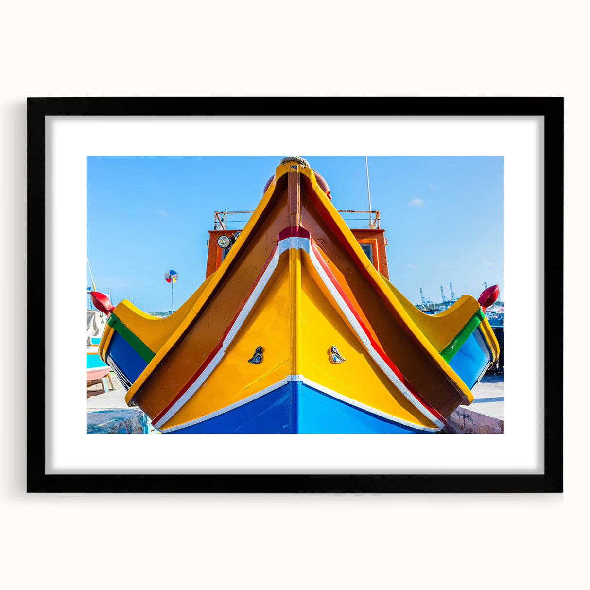 Colorful abstract art print of a European scenery in Malta, featuring vibrant hues on a large textured canvas.