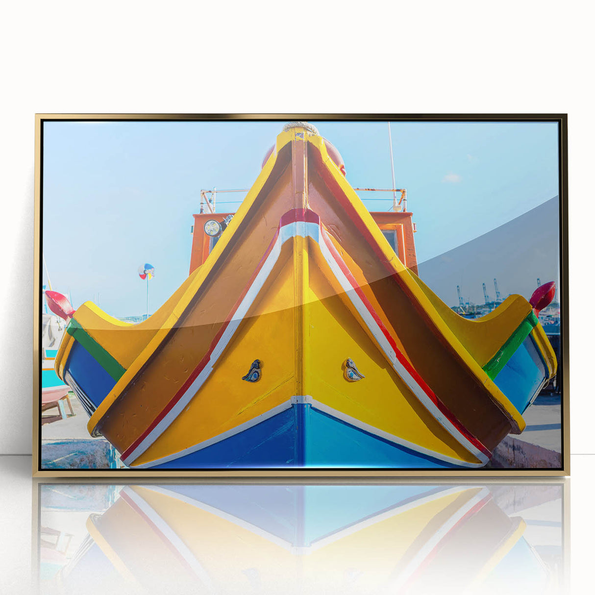 Art deco poster featuring a serene Malta landscape in muted gold and blue tones, acrylic framed.