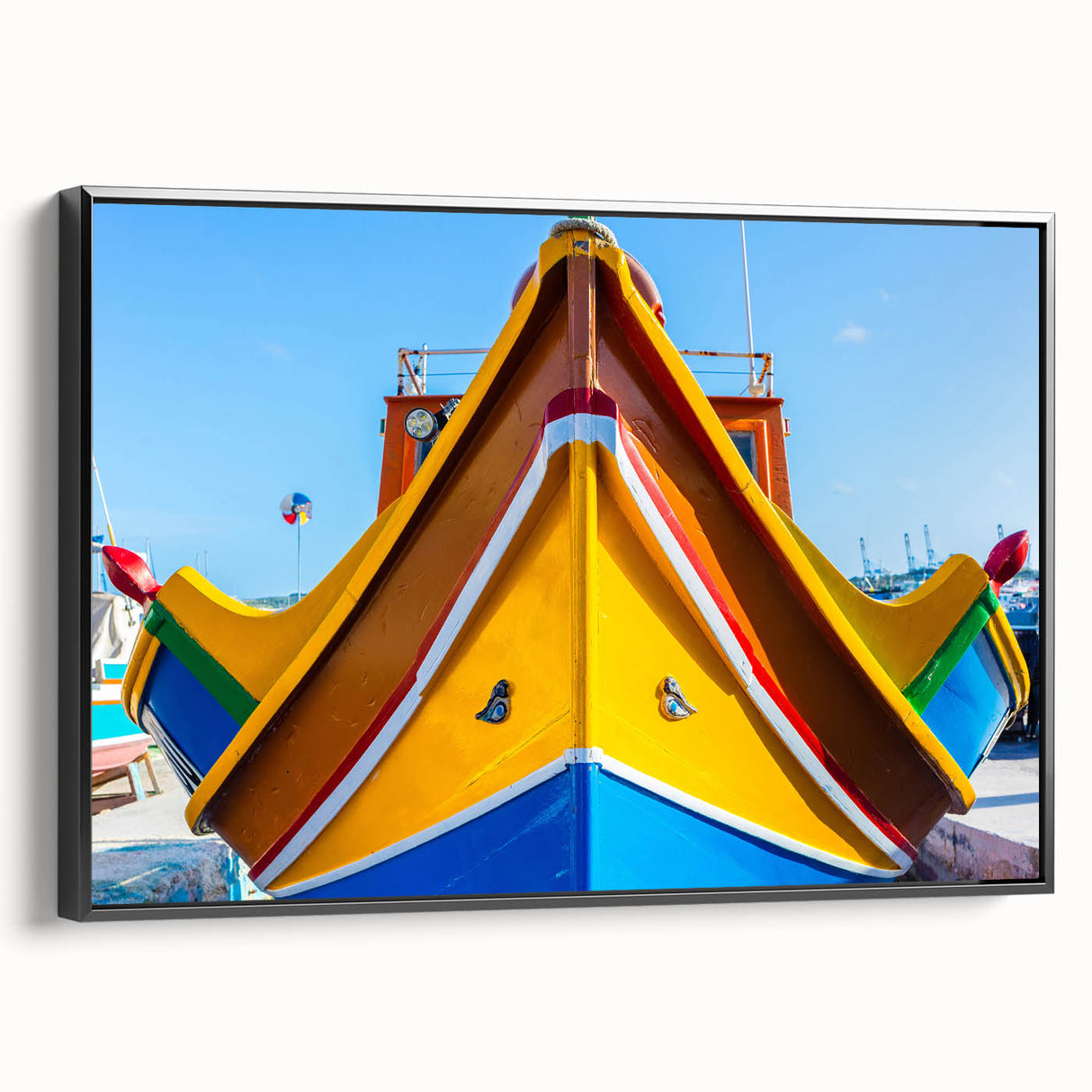 Black and white wall art of a Malta landscape on framed canvas, ideal for bedroom decor.