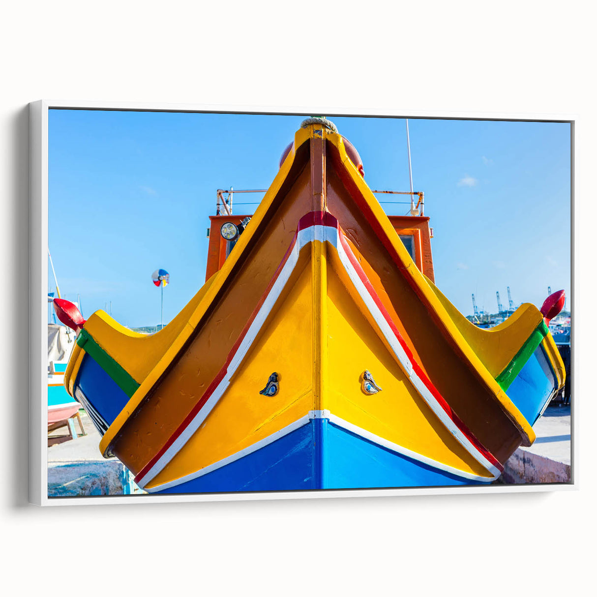 Vintage poster art of Malta scenery on framed canvas, featuring colorful art in extra large size.