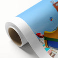 Art Deco style poster of Malta scenery on rolled canvas, with cool blue and beige tones, ideal for nursery wall art.