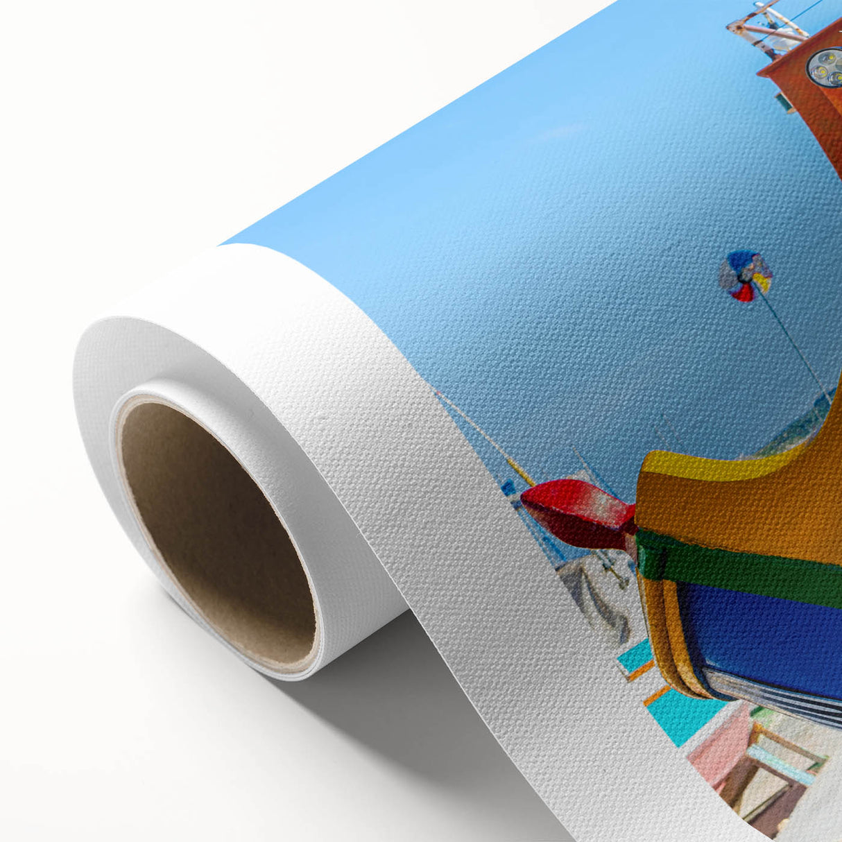 Art Deco style poster of Malta scenery on rolled canvas, with cool blue and beige tones, ideal for nursery wall art.