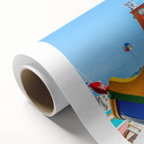 Art Deco style poster of Malta scenery on rolled canvas, with cool blue and beige tones, ideal for nursery wall art.