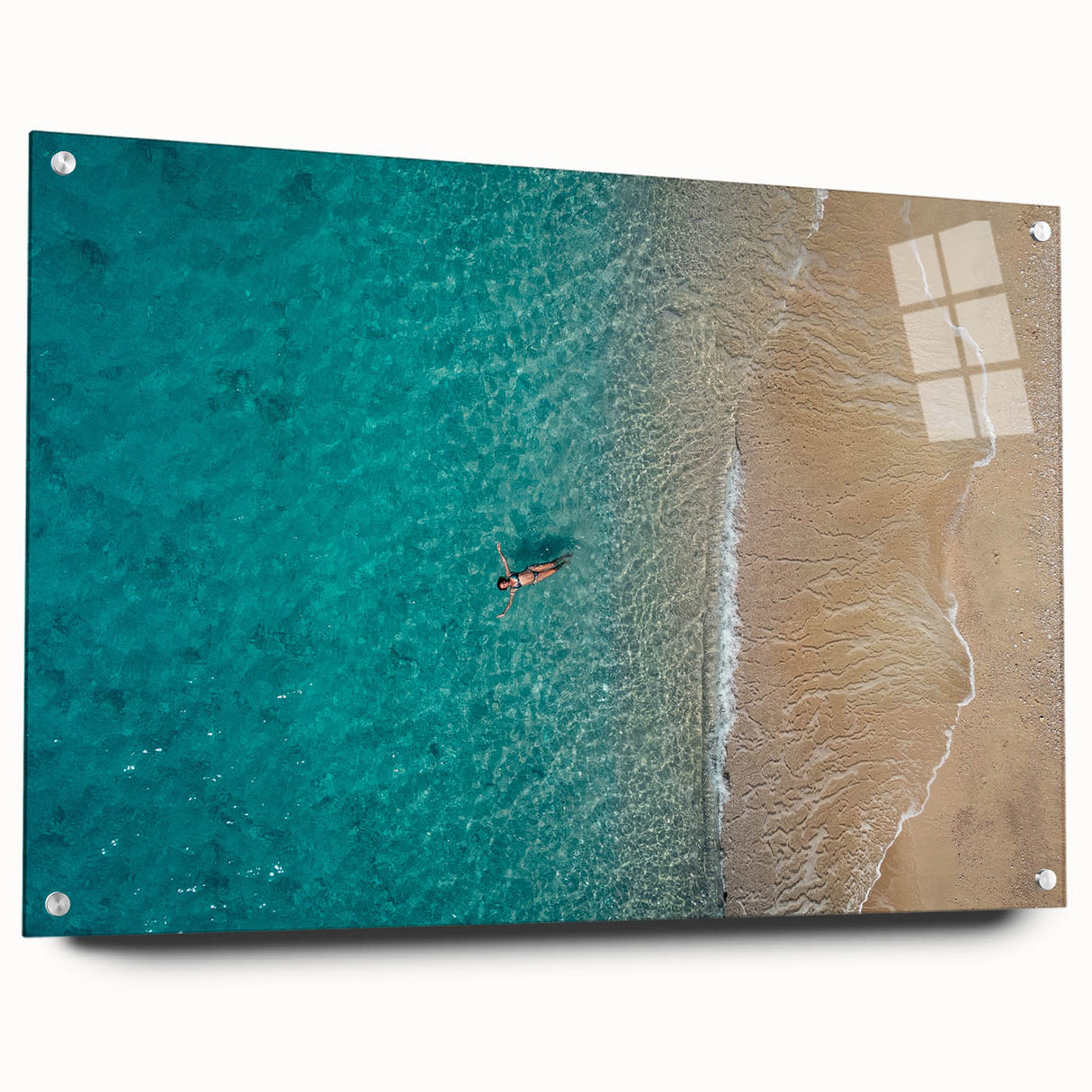 Acrylic print of a Mediterranean seascape in soft blue and white tones, ideal for bedroom or dining room decor.