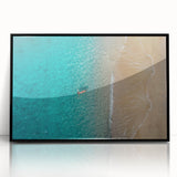 Large abstract wall art depicting the Mediterranean Sea in muted blue and white tones, framed in black acrylic.