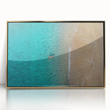 Framed acrylic print of a Mediterranean seascape in art deco style, featuring serene blue and gold tones.